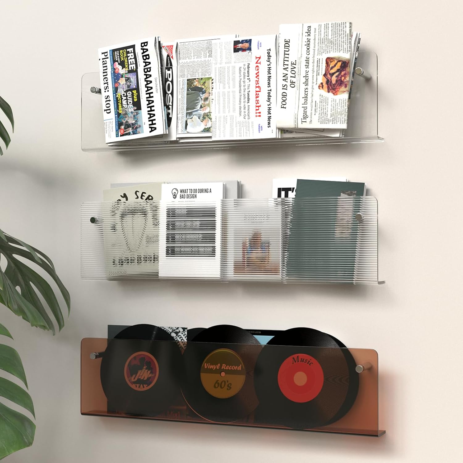 3 Pack Acrylic Magazine Holder and Vinyl Record Rack, 24" Wall-Mounted Display Shelf, Clear / Tea Brown / Ripple Pattern Wall Decor Racks for Living Room, Bedroom, or Music Room