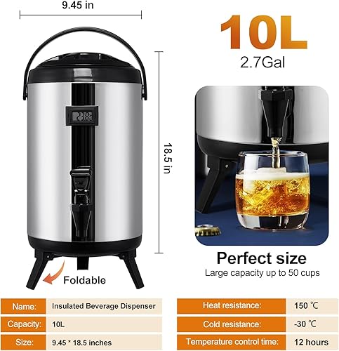Miniatura 2 de Dispensador de bebidas aislado  Dispensador térmico de acero inoxidable de 10 litros2.7 galones, dispensador de bebidas calientes y frías, con