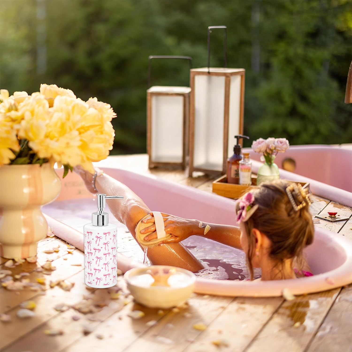 Pink Bow Soap Dispenser Refillable Soap Container Watercolor Bow Mini Heart Glass Soap Dispenser with Pump for Bathroom Kitchen Countertop Decor - Image 5