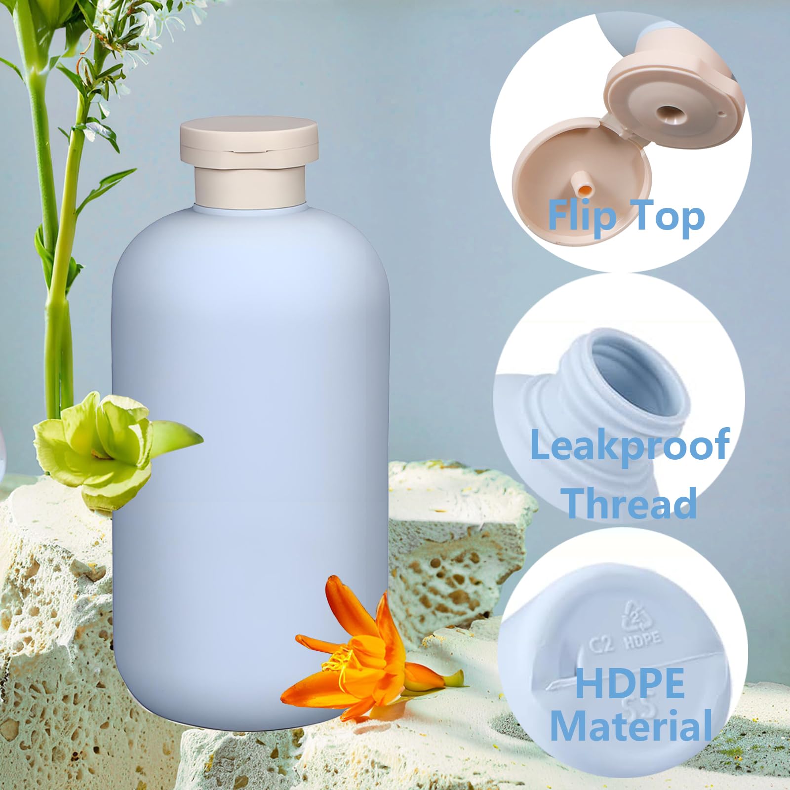 12 Piezas Botellas de Viaje Rellenables 500ml Azul Exprimible con Tapa Abatible, Botes Viaje Portátiles de HDPE para Desinfectante Manos, Champú, Loción, Dispensador Cosmético