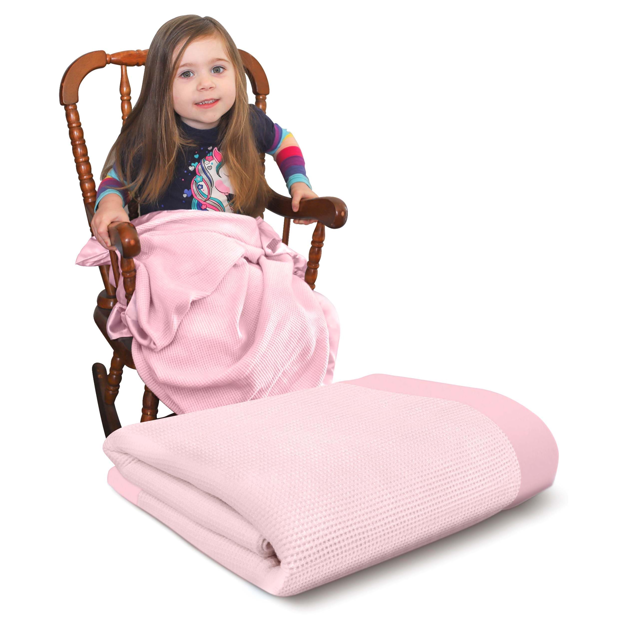 Thermal Waffle Knit Baby Blanket Satin Trim Pink 36" x 50"