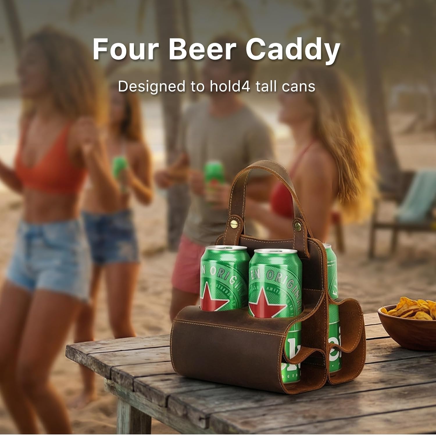 Hiram Handmade Crazy Horse Leather 4-Slot Beer Caddy Carrier with Bar Tool for Tall Cans Fits 68mm Diameter Cans for Wine Transport and Gifting