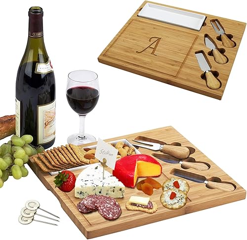 Miniatura 1 de Picnic at Ascot - Tabla de quesos de bambú grabada, personalizada, con 3 cuchillos de queso, plato de cerámica y marcadores de queso, diseño y
