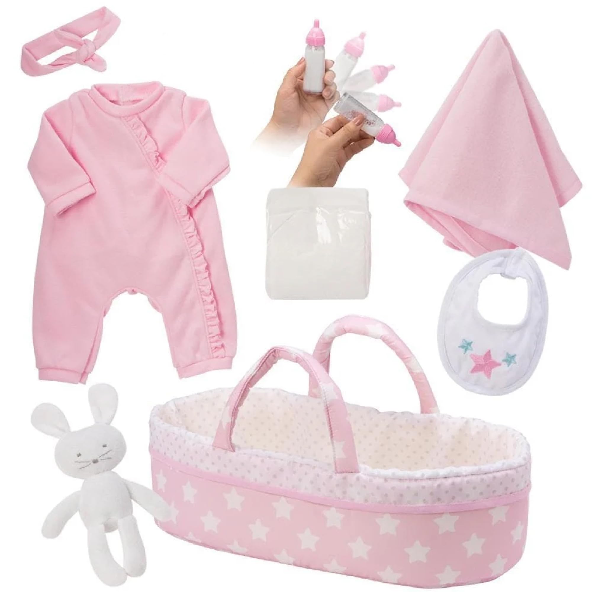 Adora Adoption Babies Essentials, 8-Piece Adoption Baby Doll Accessories and Bunny Toy includes Pink Bassinet, Ruffled Onesie, Headband, Blanket, and Bottle Birthday Gift For Ages 3+ - It's A Girl