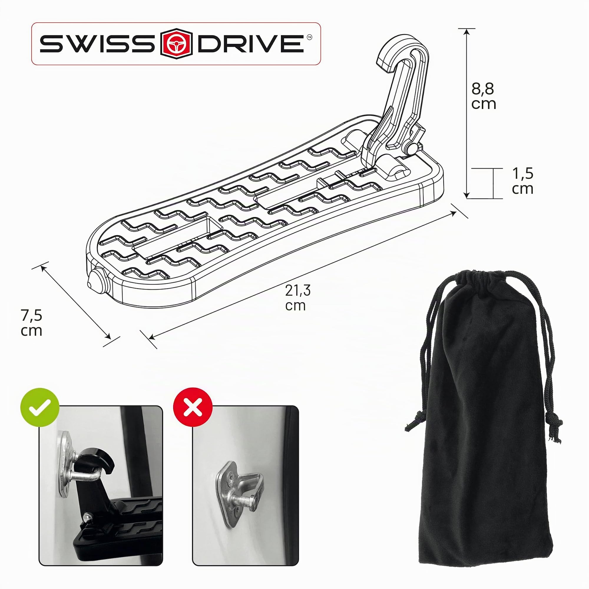 SUMEX S Marche pour Porte de Voiture 21 cm Pédale Pliable pour véhicule avec Marteau de sécurité Livré avec Sac de Rangement Alliage d'aluminium Pédale à Crochet Accès Facile au Toit Supporte jusqu'à