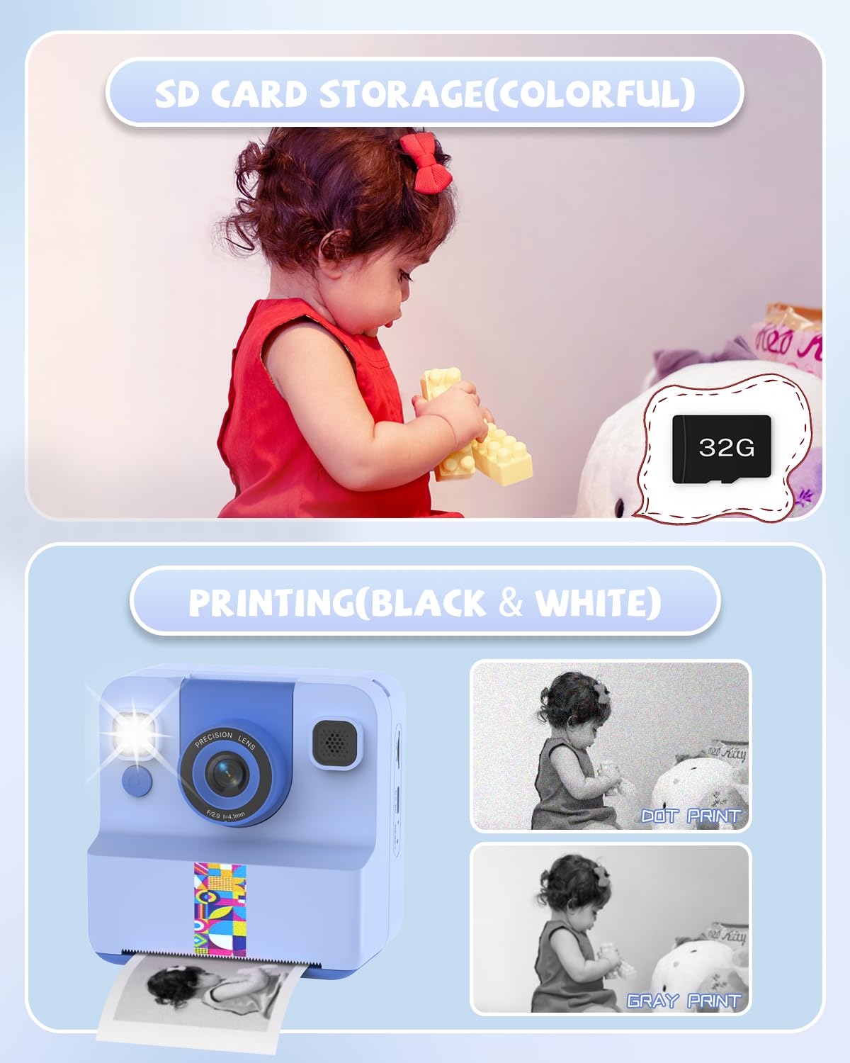 Kinder Sofortbildkamera, Sofortdruck Kamera für Kinder, 180° drehbares Selfie Objektiv mit 32GB SD-Karte – Geschenk für Jungen & Mädchen (3–12 Jahre), Blau