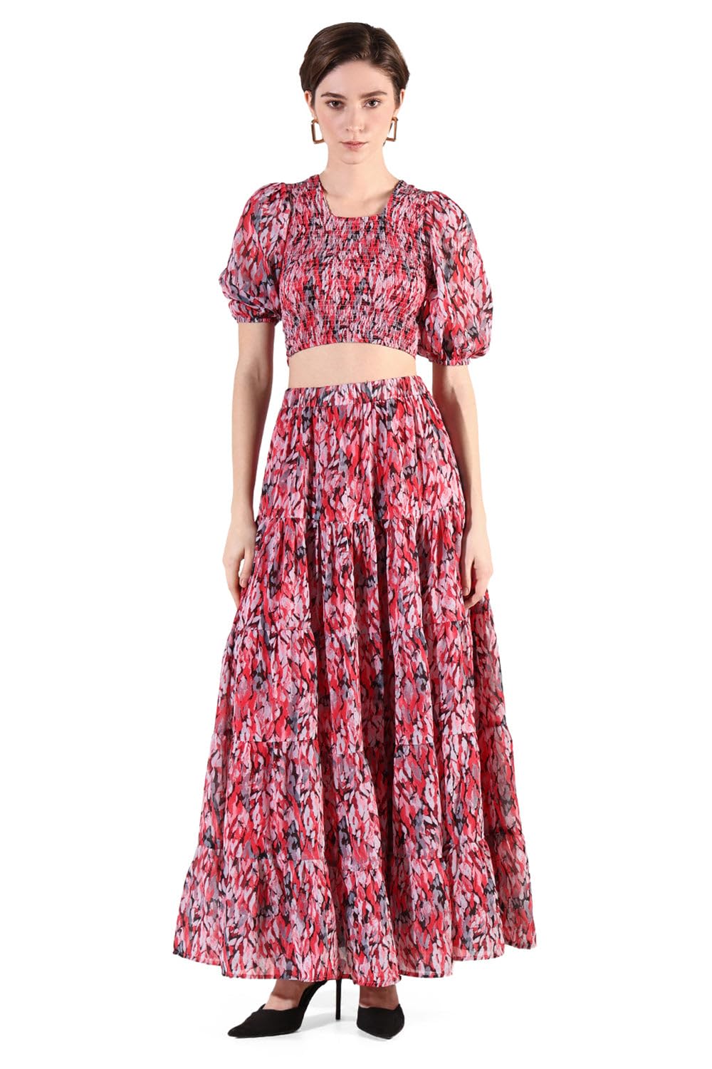 Women Printed Two-Piece Co Ords | Square Neck Half Sleeves Georgette Co-Ords for Womens | Mid-Rise Regular Fit Co-Ord for Women's-image-10
