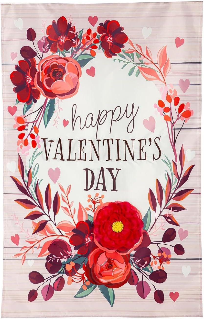Evergreen Flag,Floral Happy Valentine's Day Applique House Flag,28X0.25X44 Inches