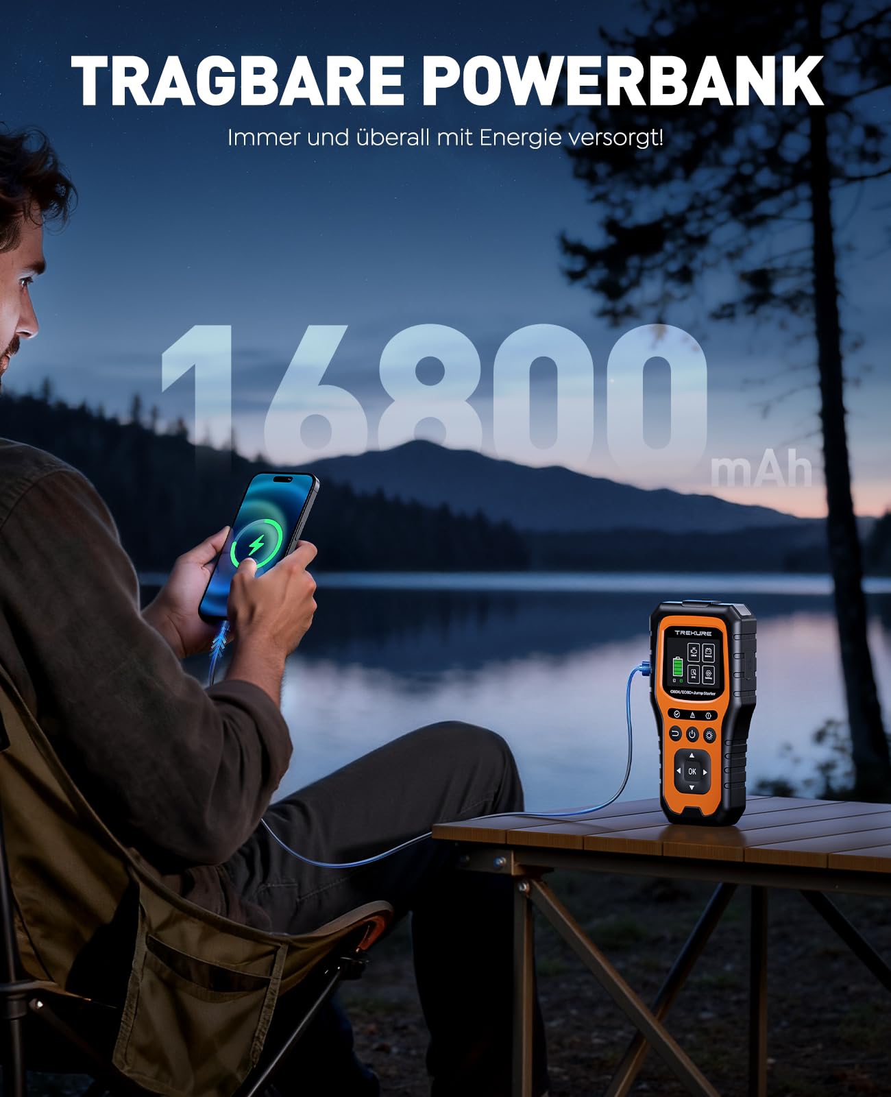 TREKURE 7000A Starthilfe Powerbank Auto mit Batterietester & OBD2 Diagnosegerät – 12V Auto Starthilfegerät für Benzin & Diesel bis 10.0L, LED Licht, Notfall-Tool für PKW
