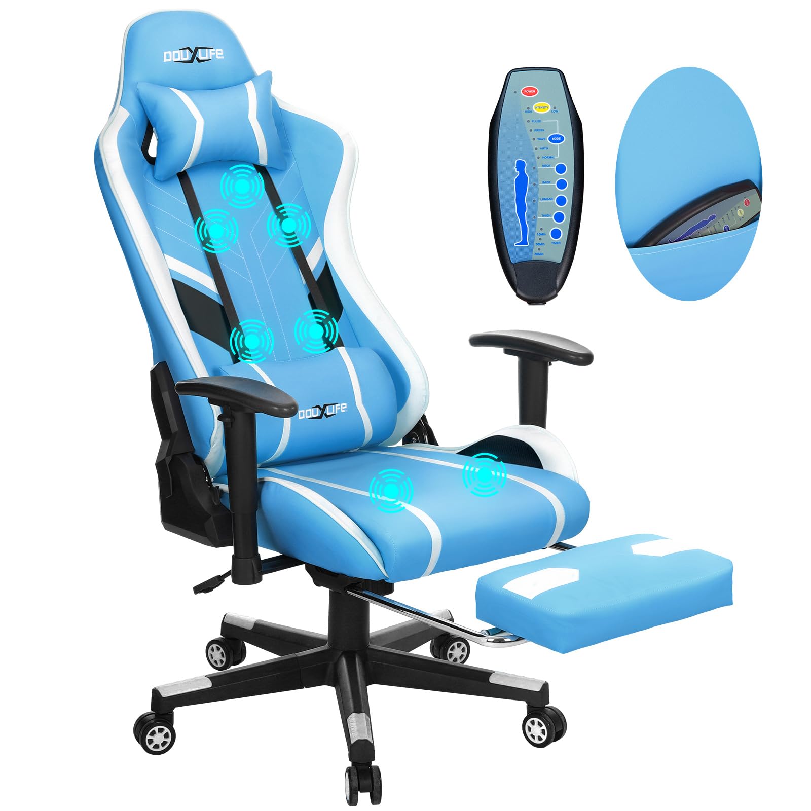 Photo 1 of *MISSING PARTS* Massage Gaming Chair 7-Point, Office Chair with Footrest and Lumbar Support, Adjustable Seat Height Ergonomic, Thickened and Widened Cushions Backrest, 175° Reclining Max, Light Blue