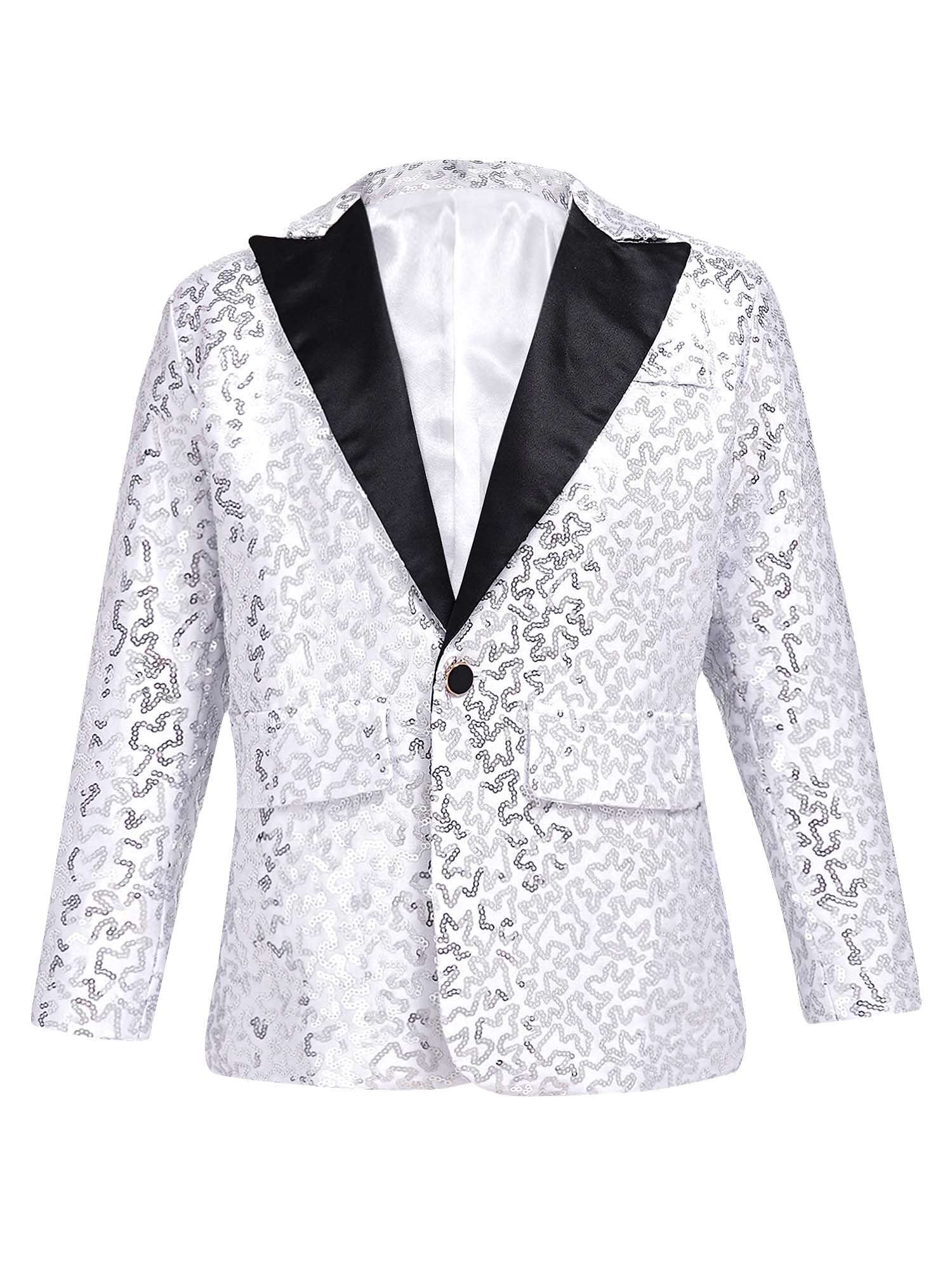 Chaqueta Lentejuelas de Niños Caballero Blazer Vestir de Manga Larga con Botón para Fiesta Actuación Carnaval Navidad 5-14 Años