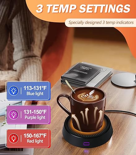 Miniatura 8 de Kepwam Calentador de taza de café  Calentador de café eléctrico de 55 W para escritorio, 3 ajustes de temperatura y calentador inteligente de tazas