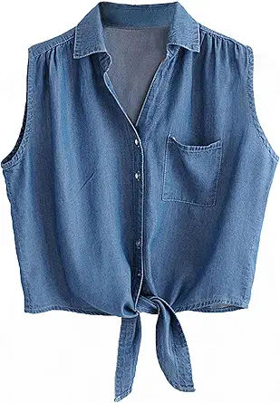 Omoone Women's 3/4 Sleeve Denim Crop Top Tie Knot Shirt Cardigan