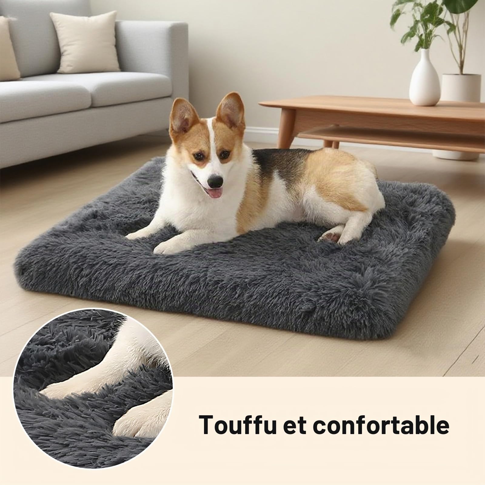Panier Chien Grande Taille, 100x60x8cm, Tapis Chien, Rembourrage Moelleux, Lit pour Animaux, Coussin Lavable, Tissu Peluche Doux, Base antidérapante, Gris Foncé