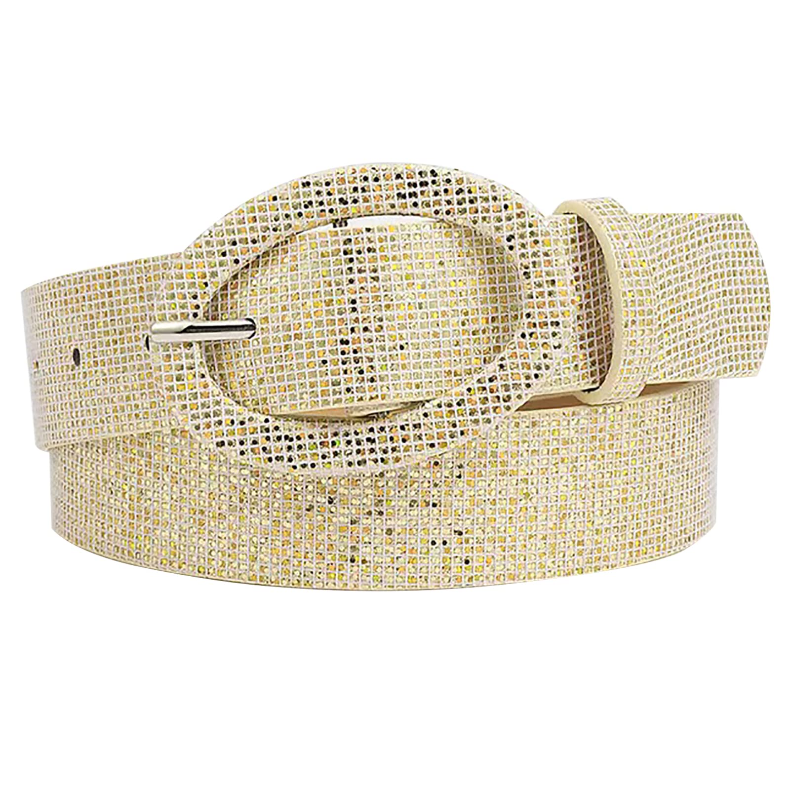 Ccaipu Women's Gold Fashion Elastic Belt For Pu Stretch Belt Rhinestone Crystal Shiny Belt Adjustable Round Buckle Waist Belts For Jeans - 106Cm