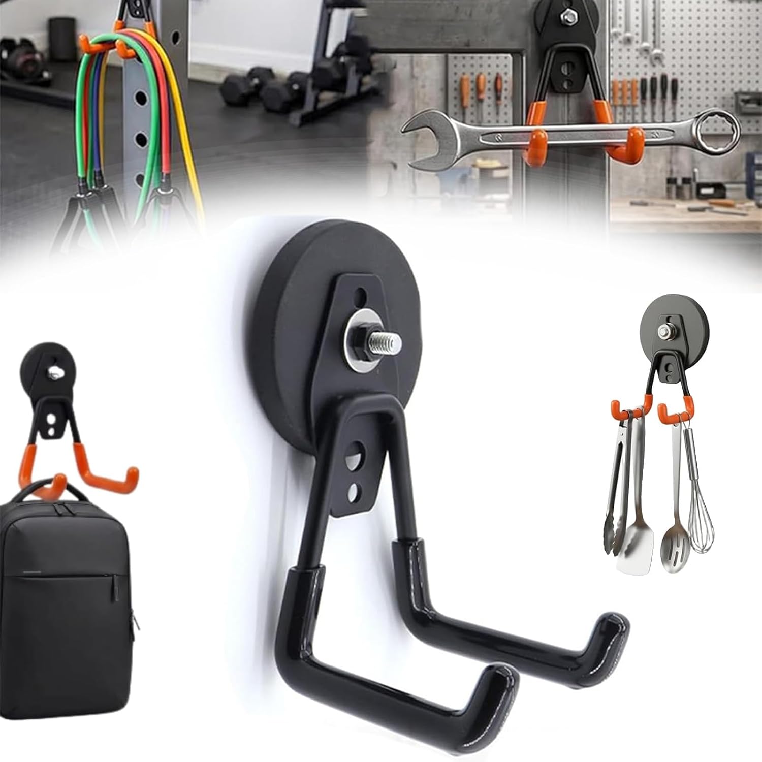 Heavy-Duty Magnetic Double-Claw Hook, Strong Anti-Slip Dual J-Hook Utility Tool Hanger, No-Drill Magnetic Holder for Power Tools, Garden Hoses, Garage, Workshop Storage (8.8mm/3.5in,Black)