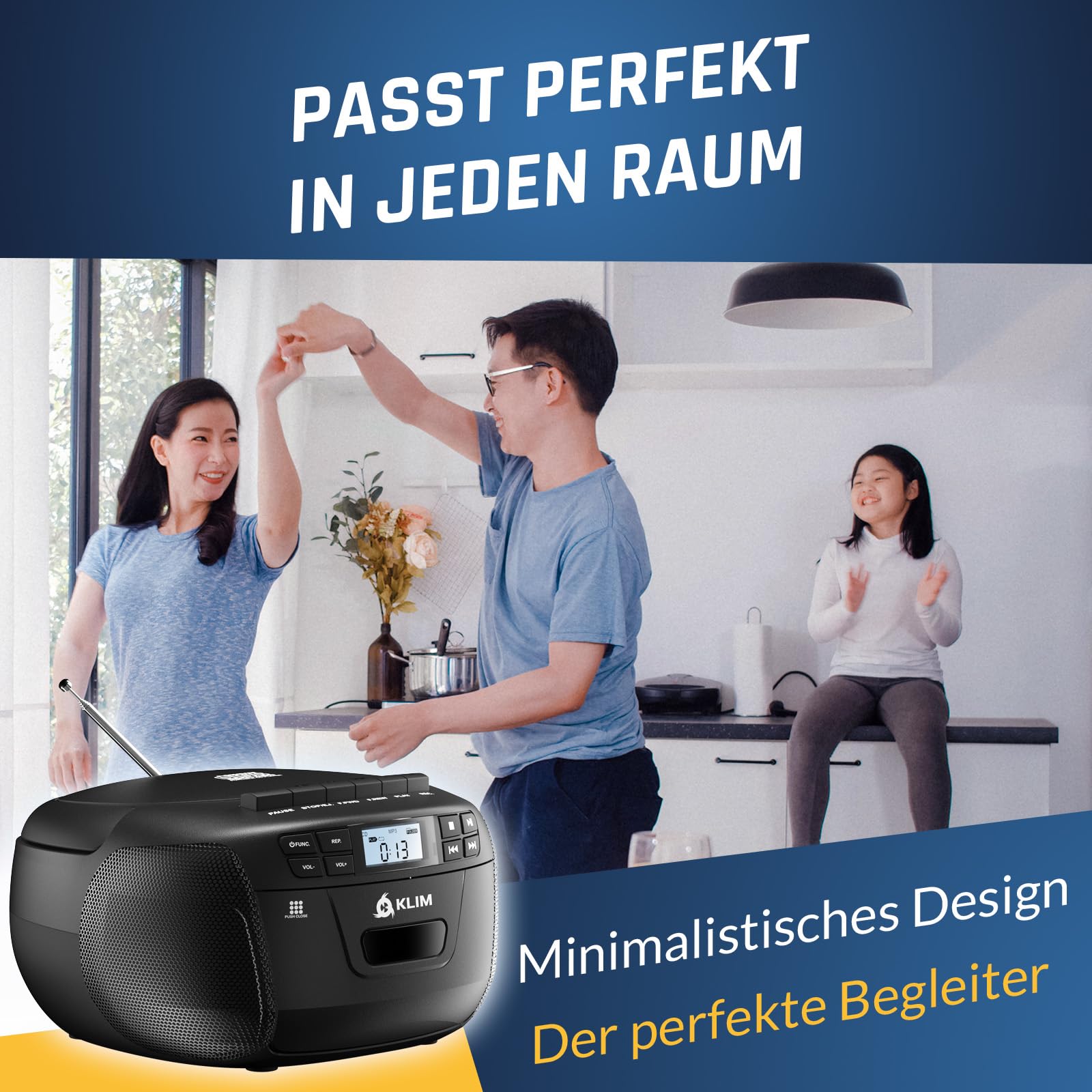 KLIM CD Player mit Kassette & Etui, Kassettenspieler, Kassettenrekorder, Bluetooth CD Player mit Radio & USB, AM/FM Radio, Netz- und Batteriebetrieb