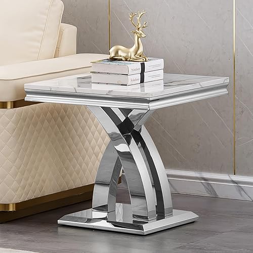 Vista 11 de Henf Mesa consola de mármol sintético, mesa de entrada de mármol blanco de lujo con base de acero inoxidable con espejo dorado, elegante mesa