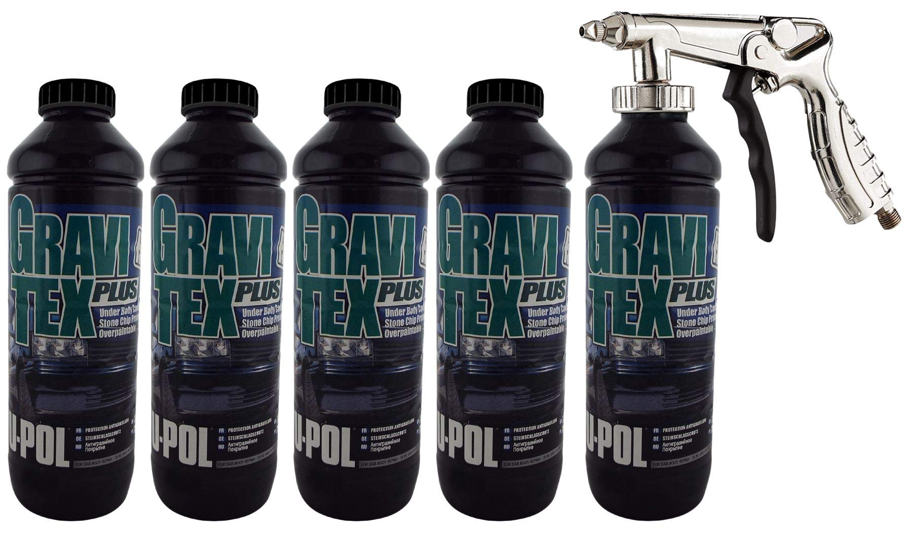 GravitexUPol Stone Chip Protector Grey 1 Litre X 5Overpaintable Chassis Protection + Air Application Gun Tough Hard Durable Coating Designed To Reproduce The Manufacturers Original Stone Chip Finish