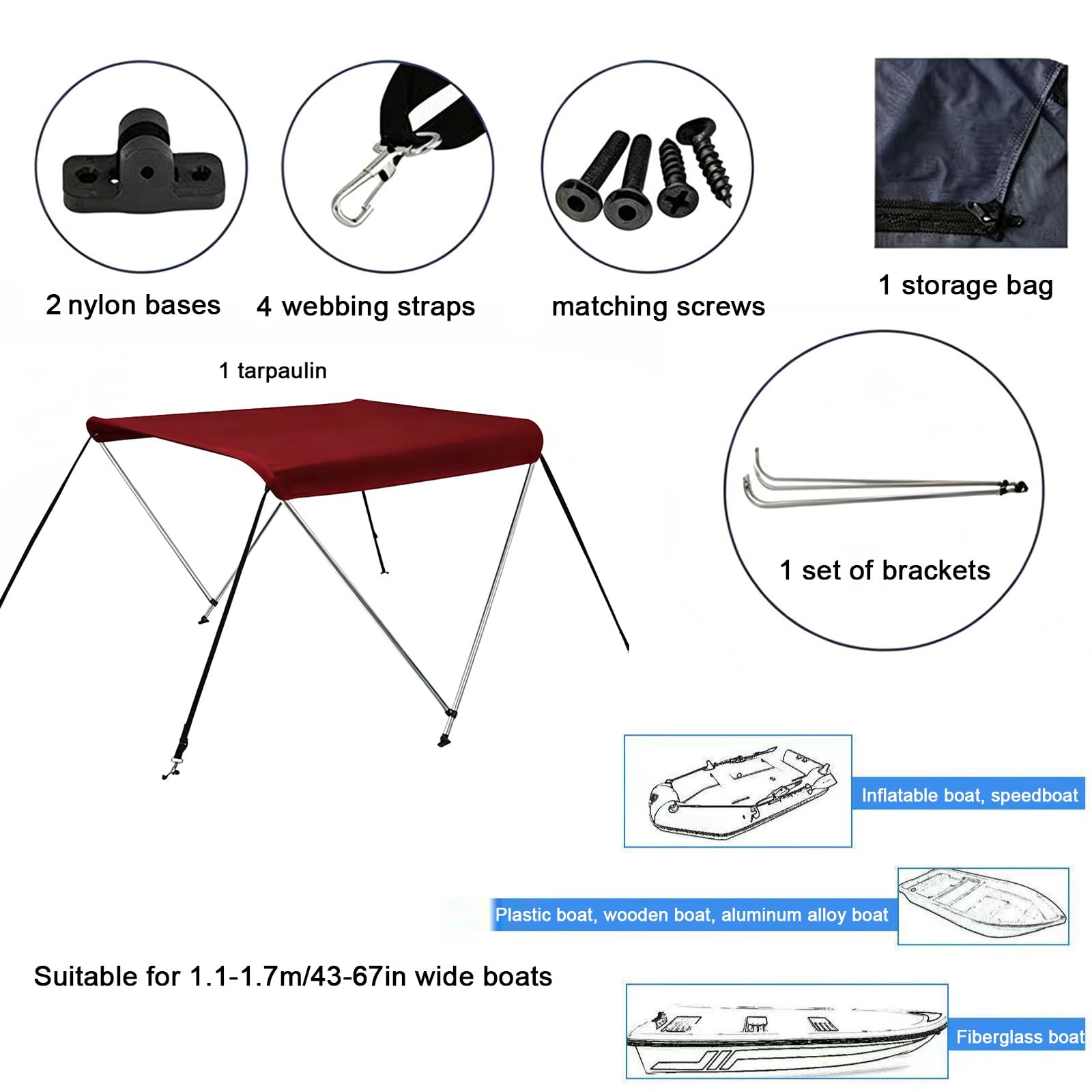 Tendalino per Barca, Tendalino per Gommone con Struttura in Alluminio, 2 Archi, Tessuto Oxford 600D, Custodia per Riporlo, per Barche di Larghezza 110-170 cm(Red,110-130cm/43x51in)