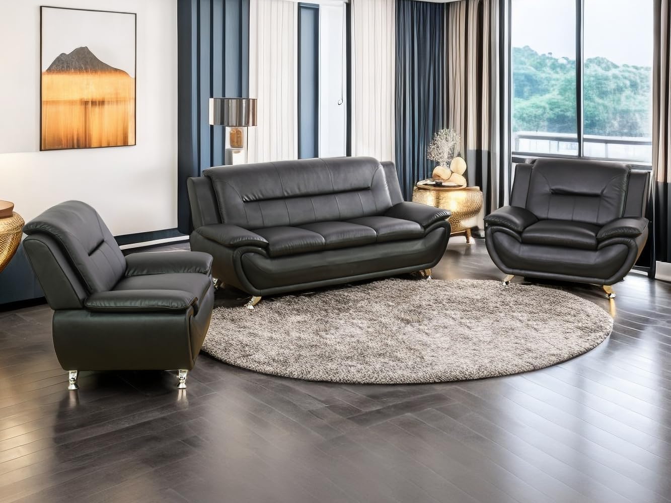 Contemporary Living Room Furniture Set, Faux Leather Sofa Set for Living Room/House/Bedroom/Office/Apartment (Black-B, Full Set(3PCS)), F45&F46