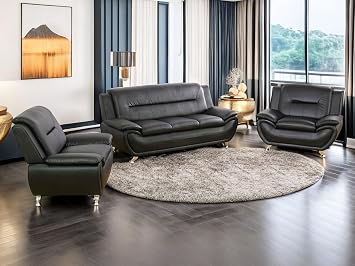 Contemporary Living Room Furniture Set, Faux Leather Sofa Set for Living Room/House/Bedroom/Office/Apartment Black-B, Full Set3PCS, F45&F46