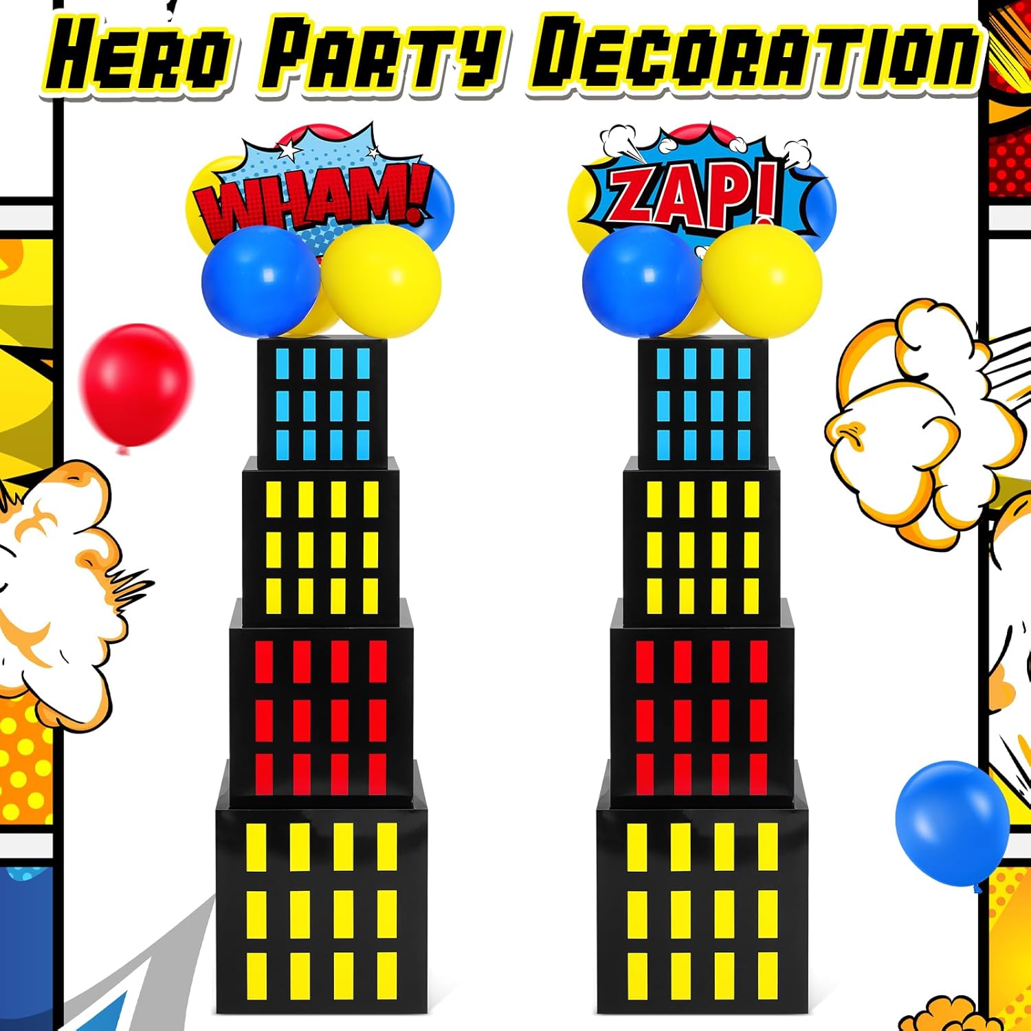 Leitee 40 Pcs Hero Theme Party Decoration, Hero Theme Party Favor Boxes with Balloons and Cutouts, Skyscraper Centerpiece Boxes City Skyline Buildings Photography Backdrop for Birthday Decor(Colorful) - Image 6