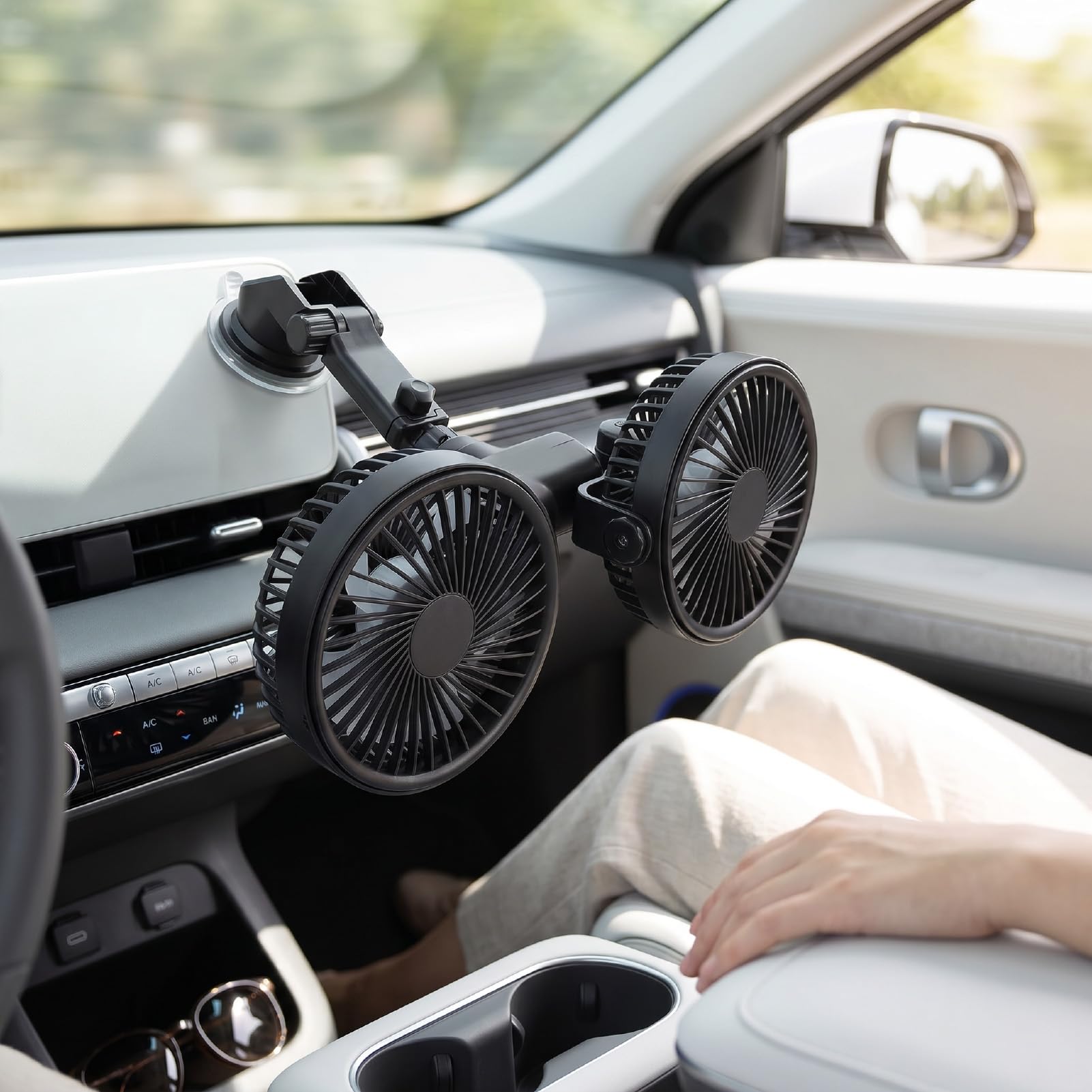 Tosuny Ventilador de Coche de Doble Cabezal con Ventosa, Ventilador de Camión Ajustable de 360°, Recargable de 3600mAh, Fuerte Flujo de Aire para Semirremolque RV Van Cab (BLACK)