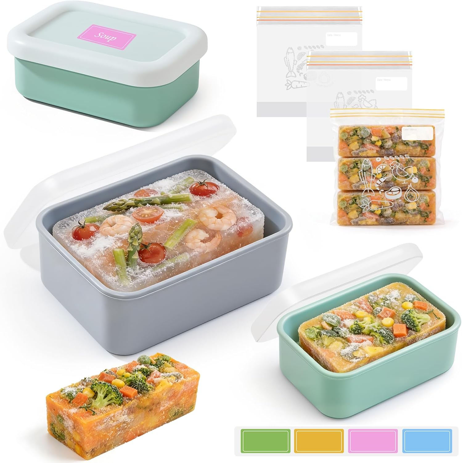 Silicone Freezer Trays with Lid & Freezer Bags, 1-Cup & 2-Cup Soup Freezer Container Molds, Portion Freeze Tray for Meal Prep & Leftovers, BPA-Free Stackable Oven/Dishwasher Safe - 4 Pack