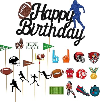 25 Pcs Football Party Decorations 24 Pcs Football Cupcake Toppers | 1 Pcs Happy Birthday Cake Topper, Touchdown Cake Toppers, Football Party Supplies for Birthday Football Game Day