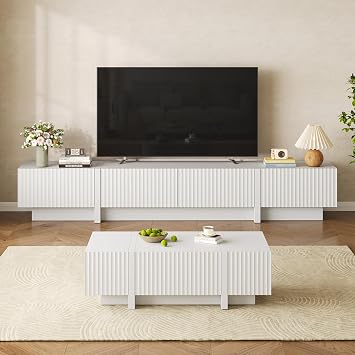 TV Stand and Coffee Table Set of 2, Modern TV Stand for Living Room, 98 Entertainment Center with Storage, 50.8 Fluted Coffee Table, Rectangular, 4 Drop Down Drawers, White