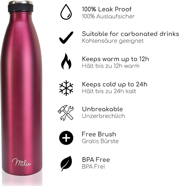 Milu Stainless Steel Drinking Bottle 1500 ml - Insulated Thermo Flask for Water - Leak Proof, Insulated and Double Walled, Carbonated (Berry, 1,5L) - 2