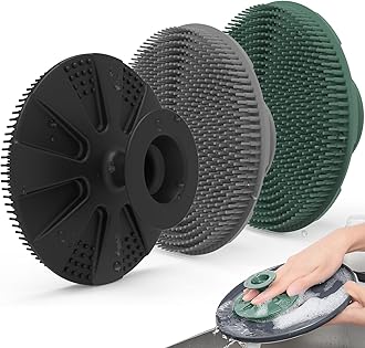 Silicone Sponge 3 Pack, Non-Scratch Scrub Sponges, for Washing Dishes and Cleaning Kitchen, Long Lasting and Reusable Dishwashing Scrubber, Suction Up Hang Designed, Black+Olive Green+Gray