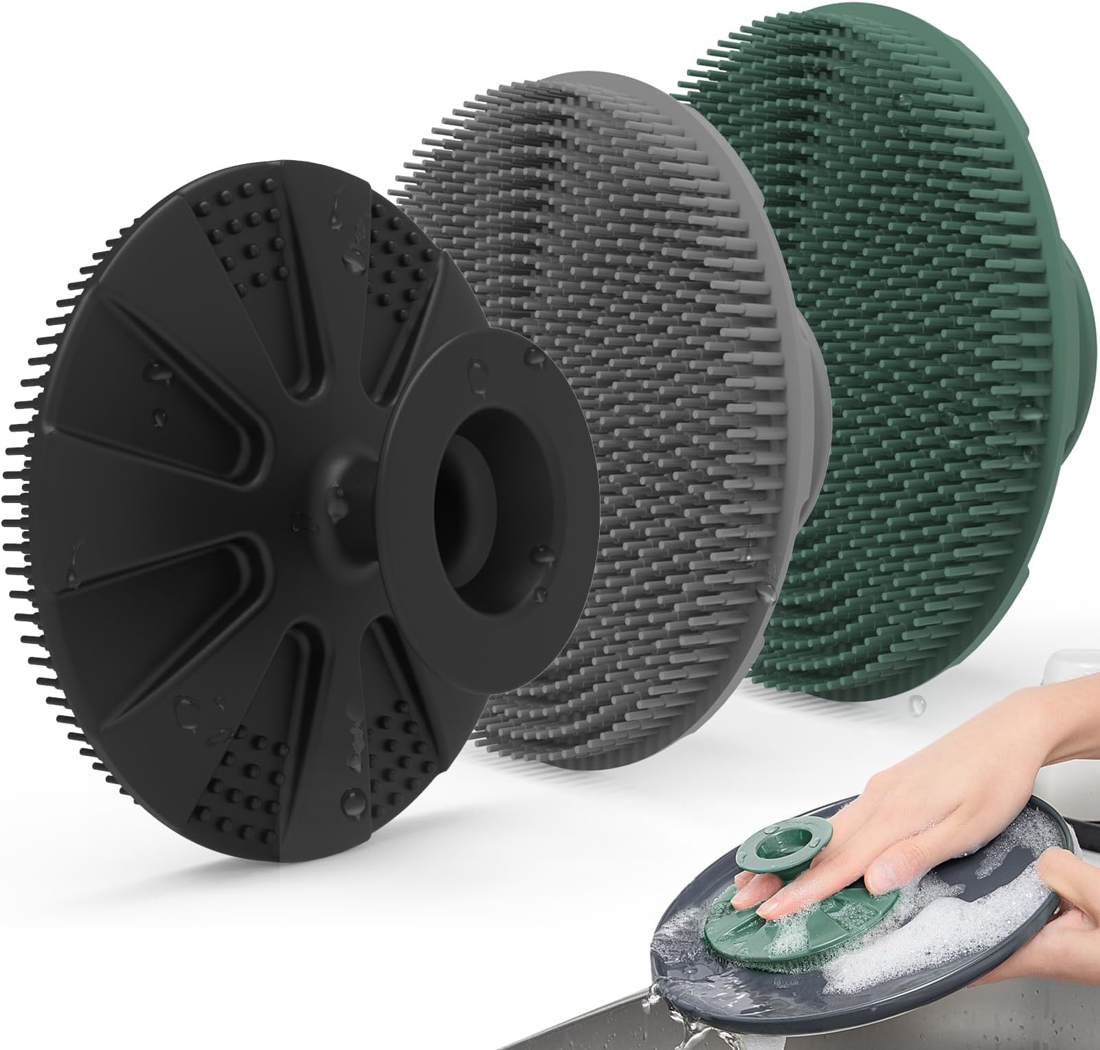 Silicone Sponge 3 Pack, BEAUTAIL Non-Scratch Scrub Sponges, for Washing Dishes and Cleaning Kitchen, Long Lasting and Reusable Dishwashing Scrubber, Suction Up Hang Designed, Black+Olive Green+Gray