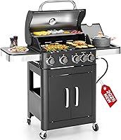 GREENPARTY 2-in-1 4-Burner Propane Grill Griddle Combo with Side Burner, 46,700 BTU, Porcelain-Enameled Cast Iron Grates for Patio Backyard
