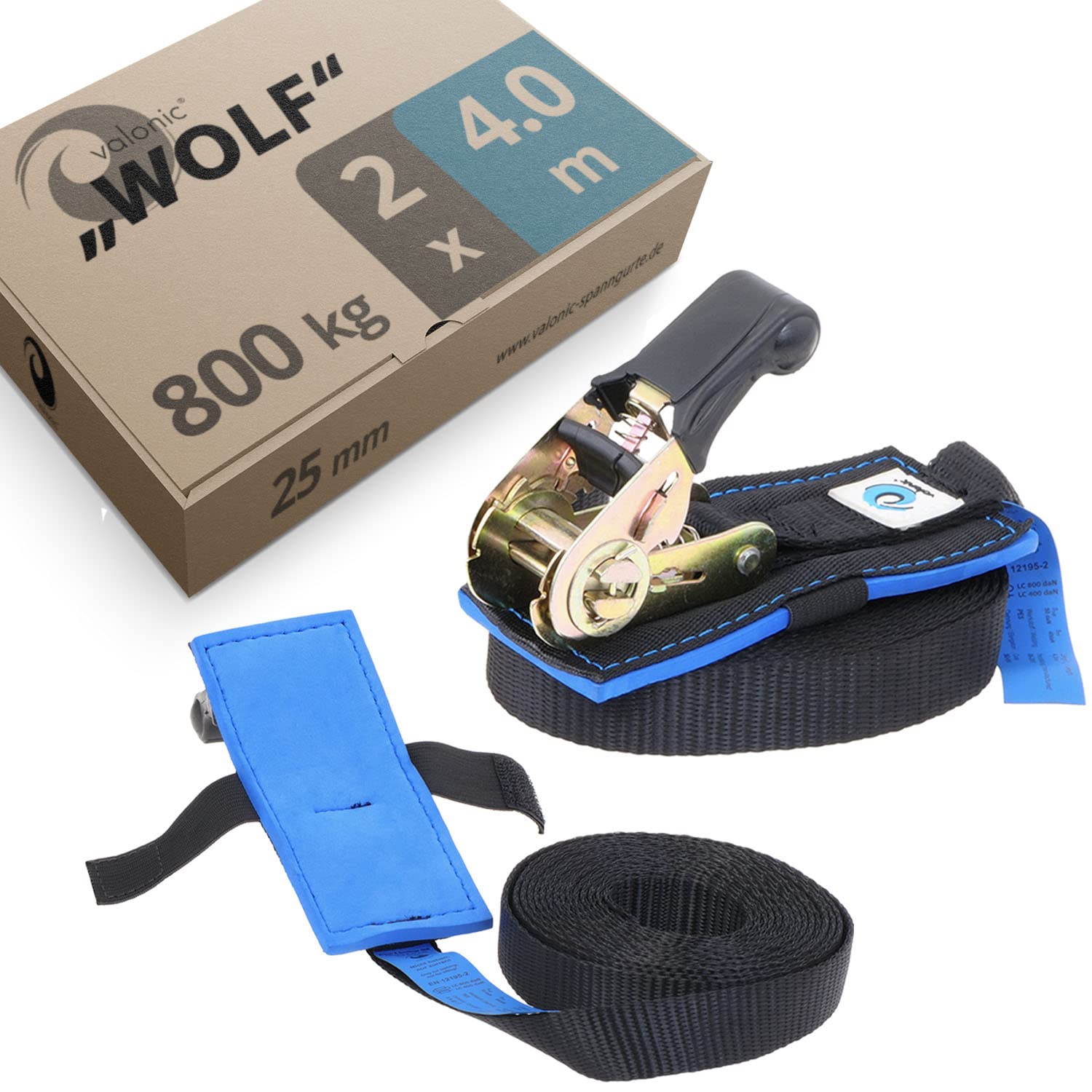 valonic WOLF - 2x 6m ratchet tie down straps, 25mm, 800 Kg, protection pad - black ratchet straps, tie downs for motorcycle
