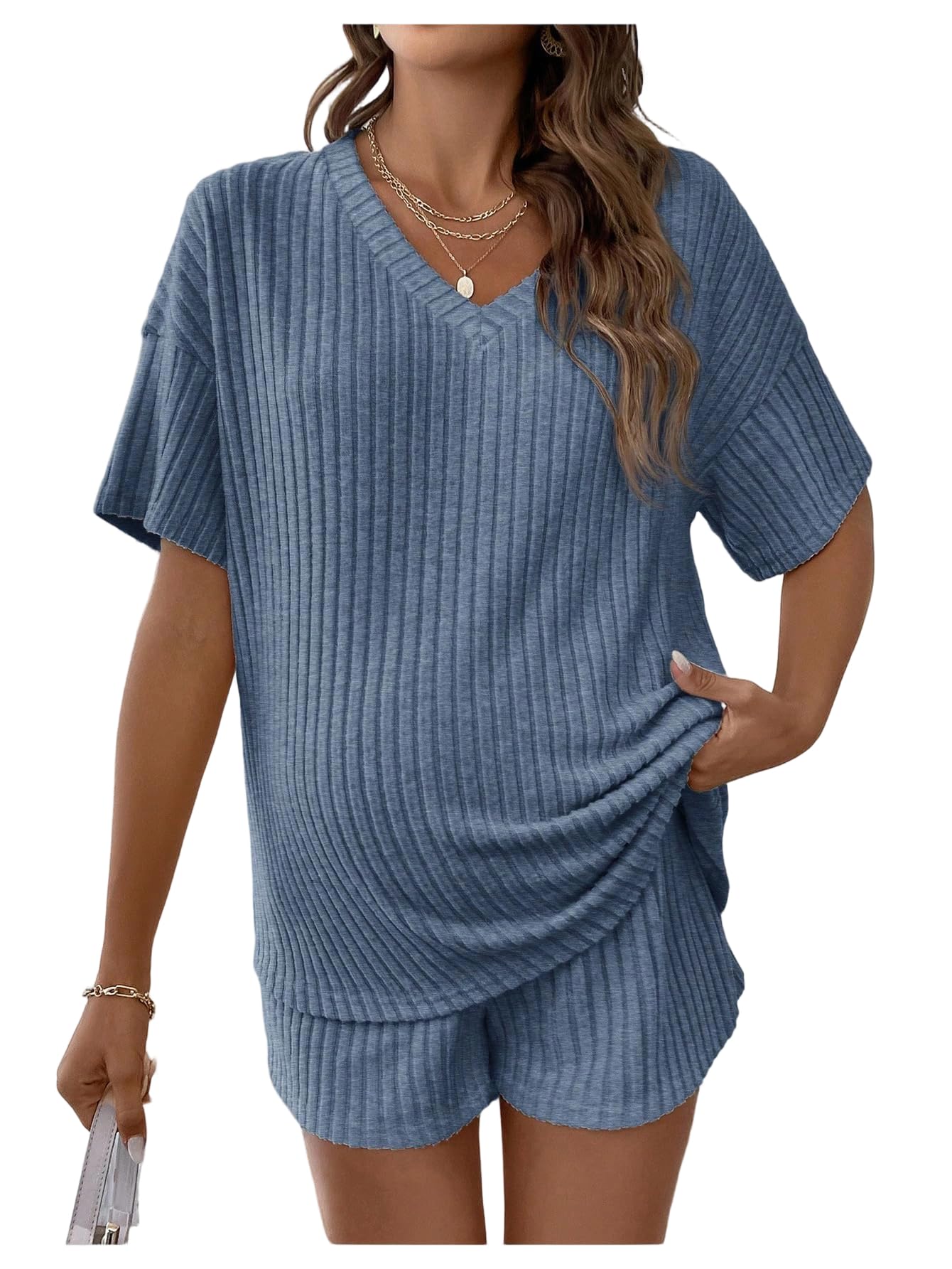 MakeMeChic Women's Maternity 2 Piece Sets Ribbed Shirt and Biker Shorts