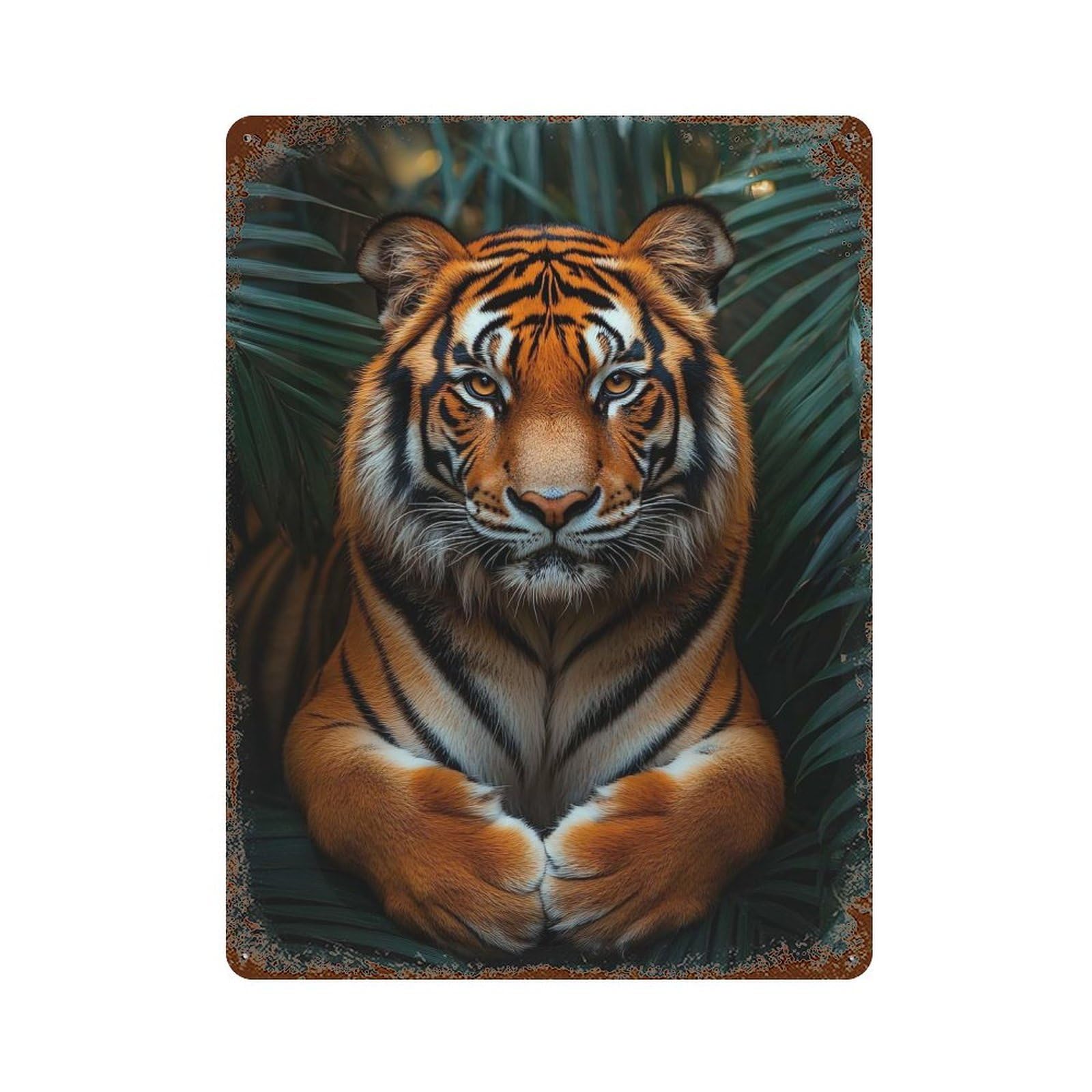 Rust Effect Majestic Tiger Portrait in Lush Foliage Rustic Tin Plaque 15.7"x11.8", Industrial Home Decor for Bistro, Counter And Cafe Decor