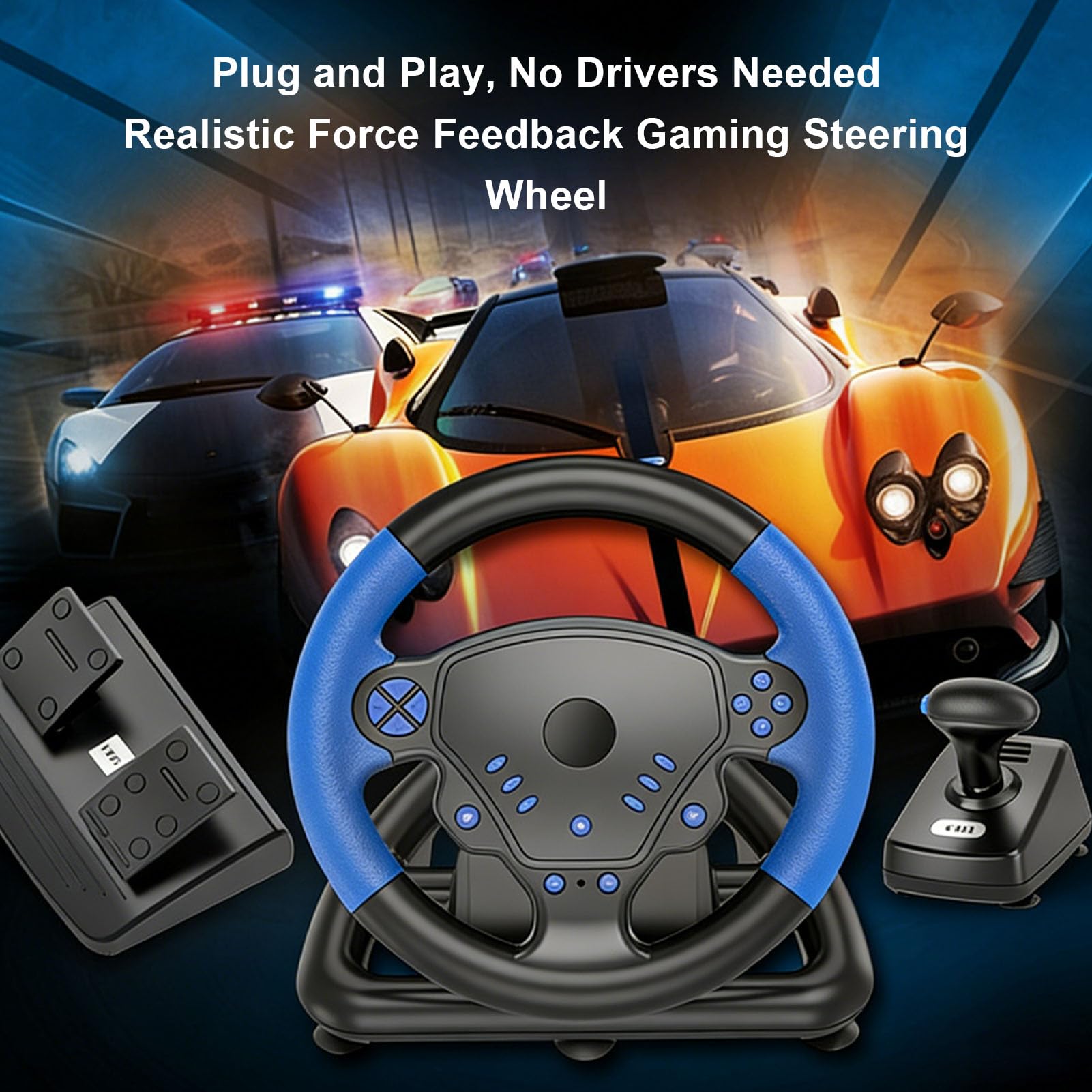 PUSOKEI Volante de Carreras de 135 Grados, Volante con Retroalimentación de Fuerza de Doble Motor con Pedales y Palanca de Cambios, para PC, Consola de Juegos, Smart TV