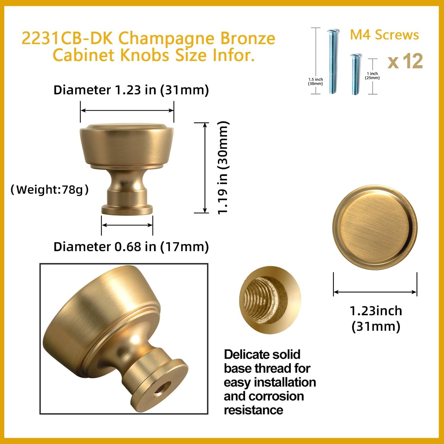 Goo-Ki 6 Pack Champagne Bronze Cabinet Knobs Zinc Alloy Drawer Knob - Modern Dresser Knobs Single Screw/Hole Cabinet Pulls Solid Kitchen Hardware