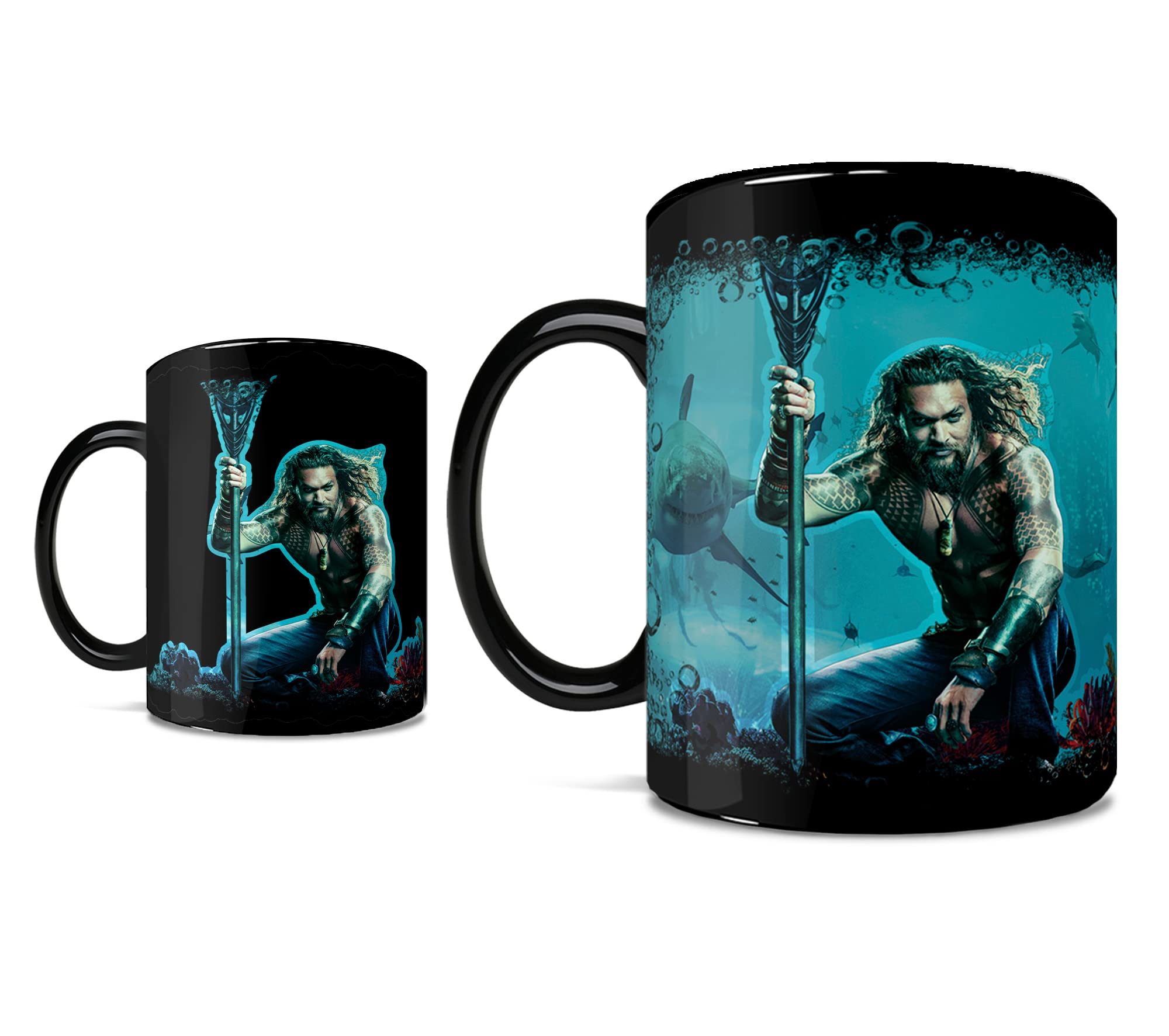 Morphing Mugs Aquaman – Quest for the Trident – Jason Momoa Heat Sensitive Clue Mug – Full image revealed when HOT liquid is added - 16oz Large Drinkware