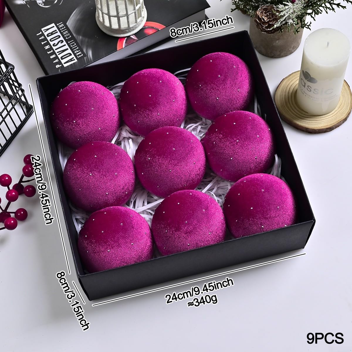 Samt-Weihnachtskugeln, 9 Stück, 8 cm, Weihnachtsbaumschmuck-Set, Samt, hängende Kugeln, elegant für Weihnachten, Zuhause, Party, Festival, Dekoration (XM0170S – Rose Pink)