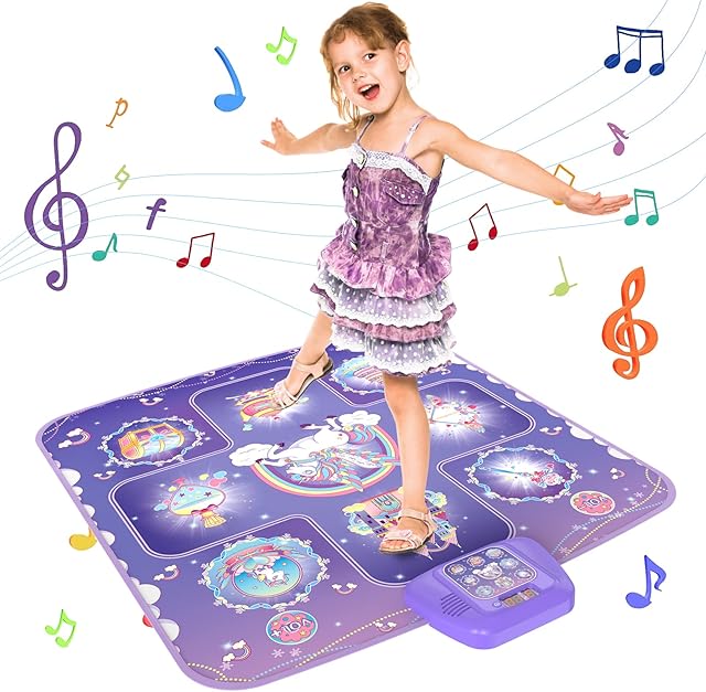 GirlsHome Dance Mat - Unicorn Toys for Girls Electronic Dance Pad with 5 Game Modes, Built-In Music, Touch Sensitive Light Up LED Kids Musical Mat, Christmas & Birthday Gift for Toddler Girls 3-12