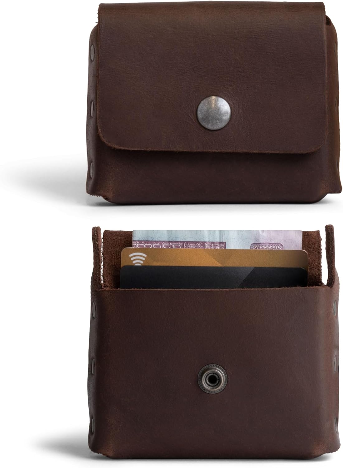 Hide & Drink, Thick Leather Riveted Horizontal Waist Wallet, Holds Up to 12 Cards Plus Folded Bills Coin Holder Organizer, Handmade, Bourbon Brown - Image 2
