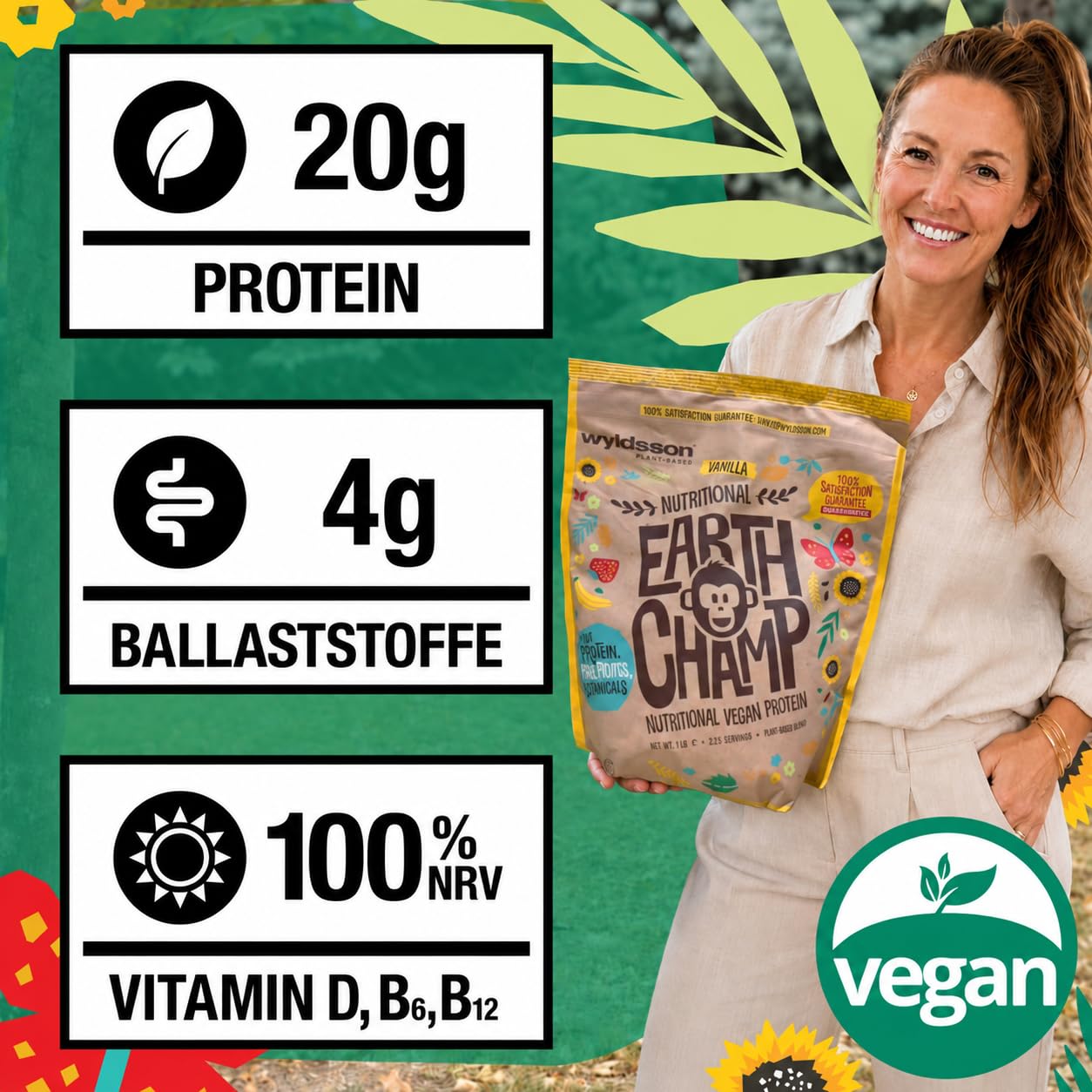 Vegan Protein Schoko | Keine Sucralose | Veganes Proteinpulver aus 4-Komponenten Pflanzliches Eiweißpulver - Laktosefrei, Glutenfrei - Ohne künstliche Aromen (2 Kg onhe Dosierlöffel)