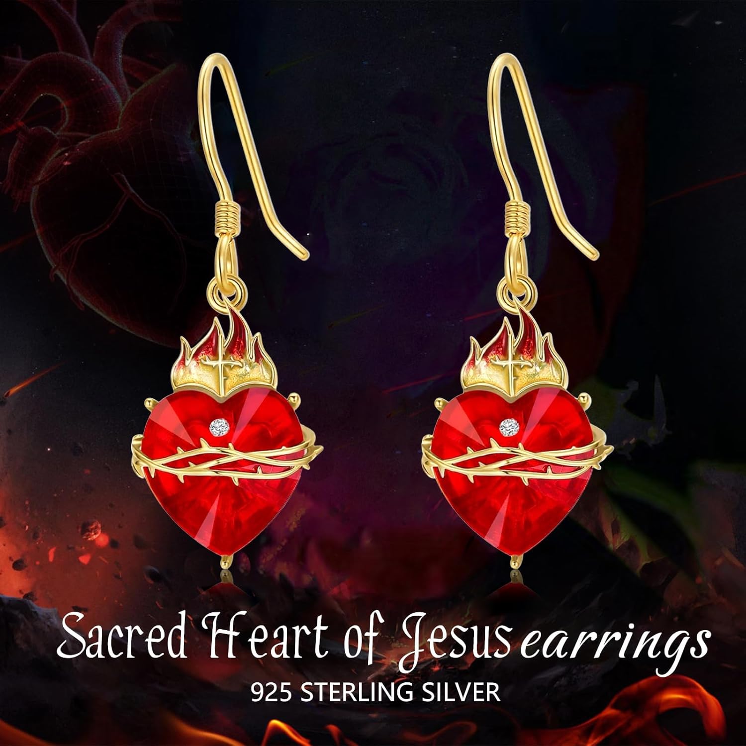 OHAYOO Sacred Heart of Jesus Drop Dangle Earrings 925 Sterling Silver Cross Sacred Heart Fishhook Earrings with Australian Crystal Stone Christian Amulet Religious Jewelry Gift for Women