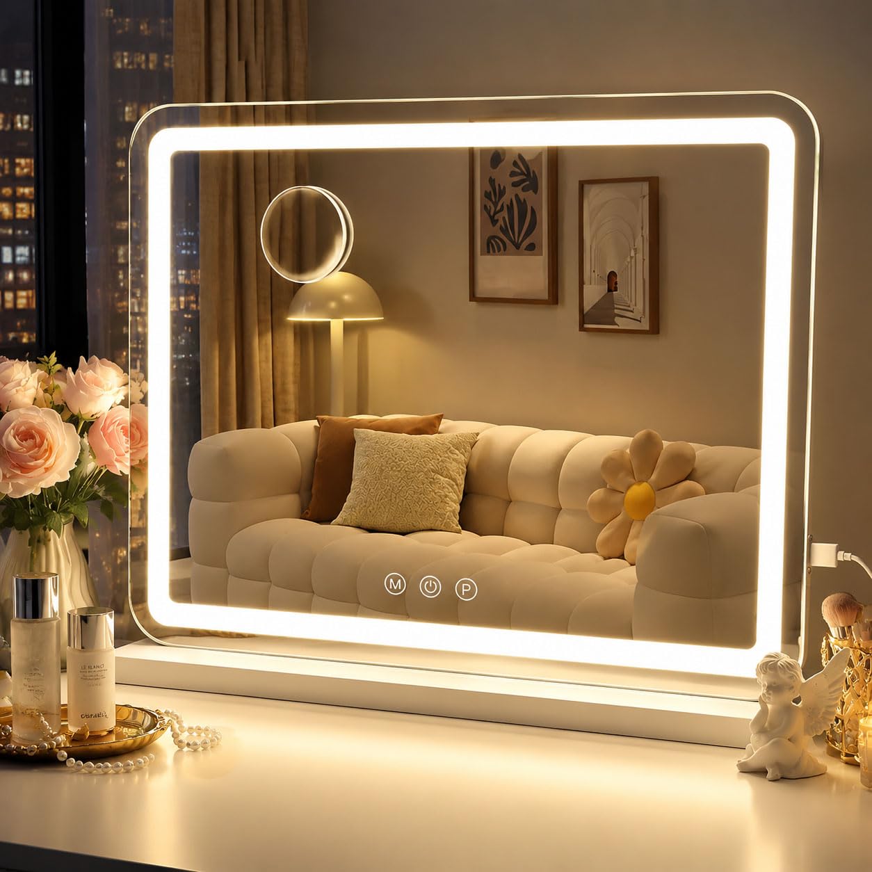 Vanity Mirror with Lights, 23" x 19" Makeup Mirror with 3 Lighting Modes,Touch Sensor, 3.5" Round 15x Spot Magnification, AC-Powered, Metal Frame,Tabletop & Wall-Mounted,White- Gift-Ready for Her — image 1