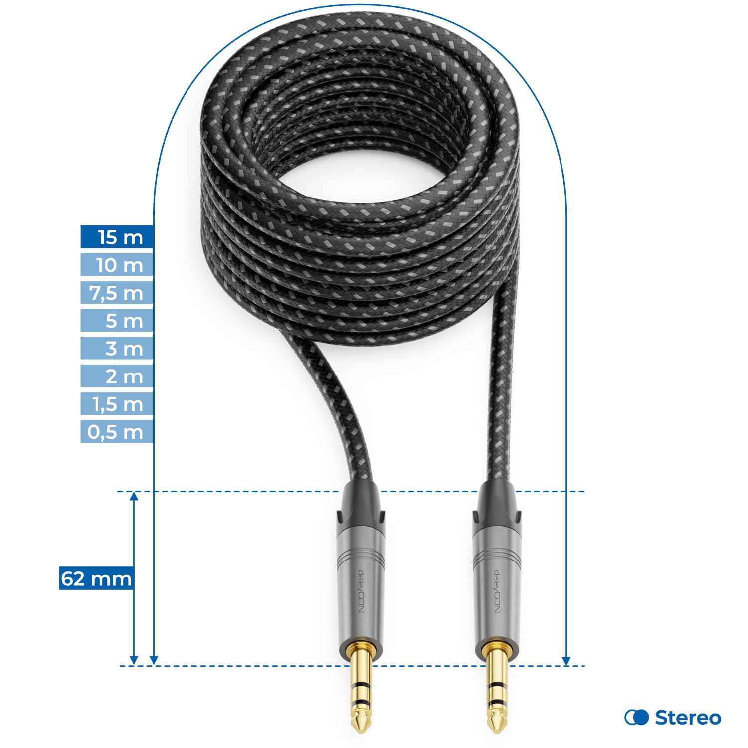 deleyCON 15m Instrumentenkabel Klinkenkabel 6,35mm auf 6,35mm Klinke TRS (Stereo) AUX - Studio Qualität - aus reinem OFC Kupfer (AWG24) - für Verstärker Mixer E-Gitarre Bass Keyboard