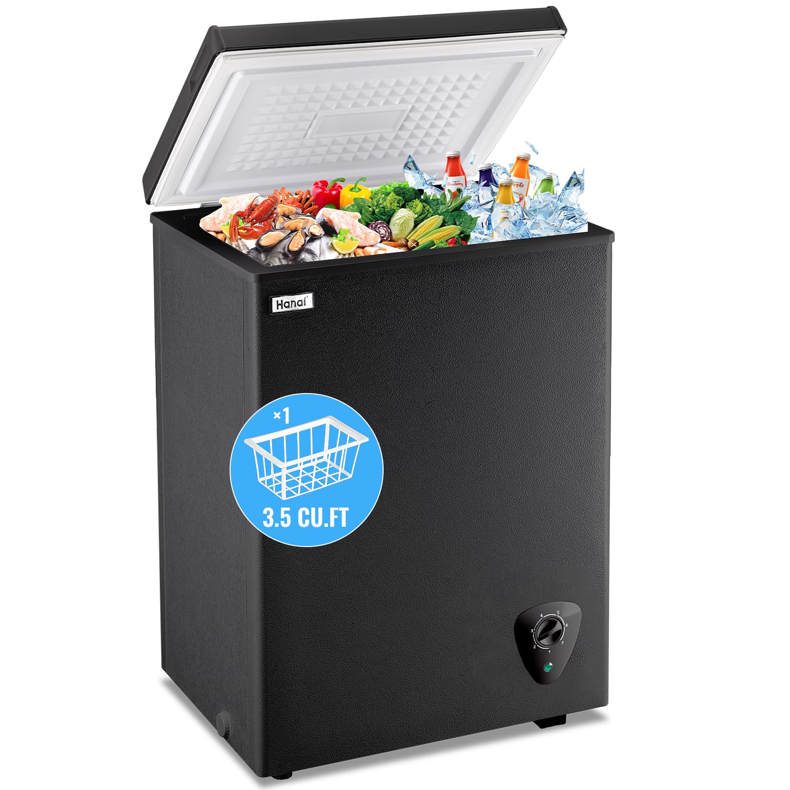 WANAI 51L Small Chest Freezer with 7 Temperature Control and 2 Wire Baskes - Deep Mini Freezers with Top Open Door - Quiet Operation & Energy Saving - Ideal for Home/Kitchen/Office/Dorm Black