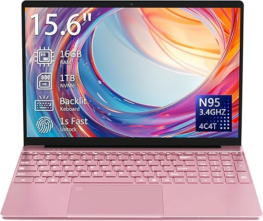 15.6" Laptop Computer Notebook, 16GB RAM, 1TB NVMe SSD, 4-Core N95 Processor, FHD Display, Backlit Keyboard, Fingerprint, Webcam, Bluetooth, WiFi, Win 11 Pro, 10TB Upgradeable; T152A, Pink 15.6" Laptop Computer Notebook, 16GB RAM, 1TB NVMe SSD, 4-Core N95 Processor, FHD Display, Backlit Keyboard, Fingerprint, Webcam, Bluetooth, WiFi, Win 11 Pro, 10TB Upgradeable; T152A, Pink